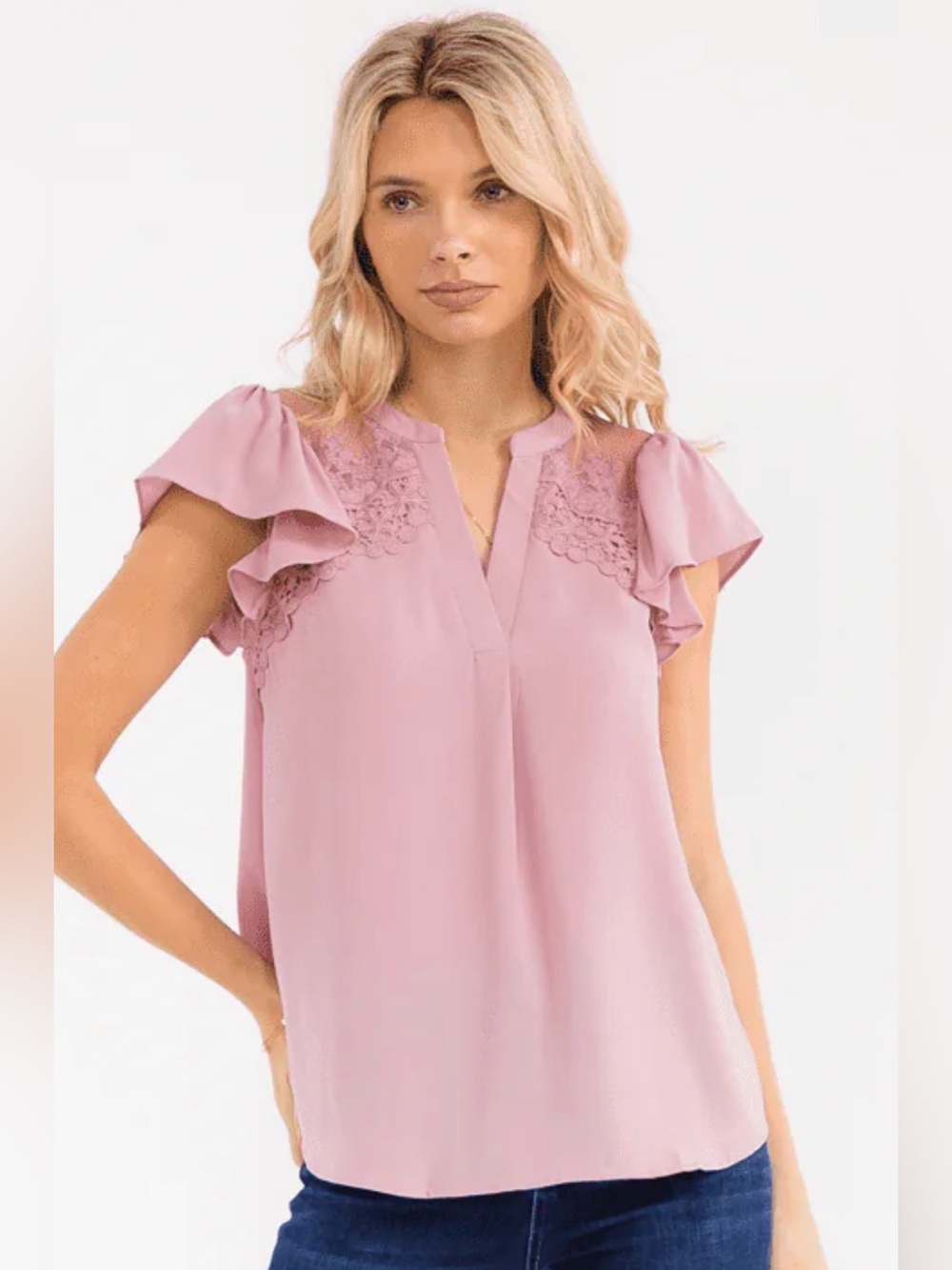 Lace Flutter Sleeve Blouse - Dusty Rose - Picture 5 of 5
